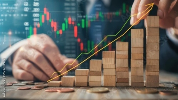 Fototapeta Ascending Wooden Blocks Chart with Rising Stock Market Graph and Coins