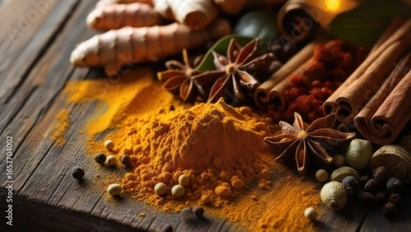 Fototapeta Assorted spices on rustic wood