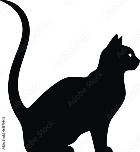 Fototapeta Black silhouette of a domestic cat sitting with its tail curved upwards, looking to the right.