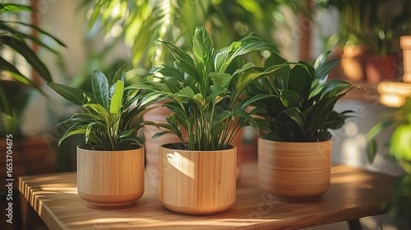 Obraz Three green plants in wooden pots sit on a wooden surface indoors.