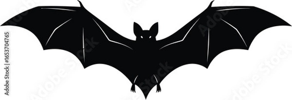 Fototapeta A black silhouette of a bat with its wings spread wide, isolated on a white background.