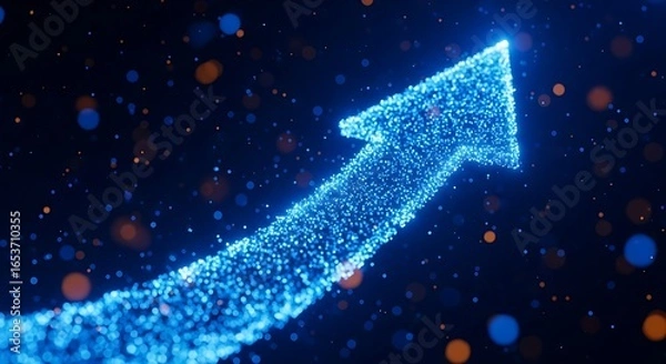 Fototapeta Glowing blue arrow made of particles shows upward growth
