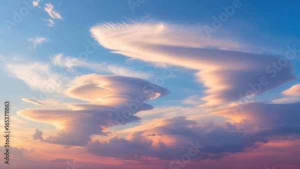 Fototapeta Ethereal Lenticular Clouds Illuminated by Golden Hour Sunset Sky
