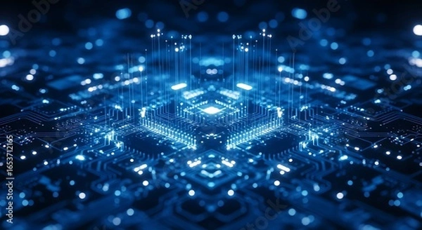 Fototapeta Abstract blue digital circuit board with glowing lights