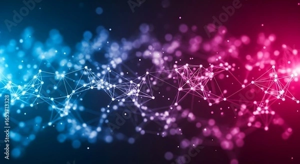 Fototapeta Abstract network of glowing particles in blue and pink gradient