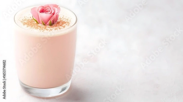 Fototapeta Delicate pink rose smoothie with toppings in a tall glass