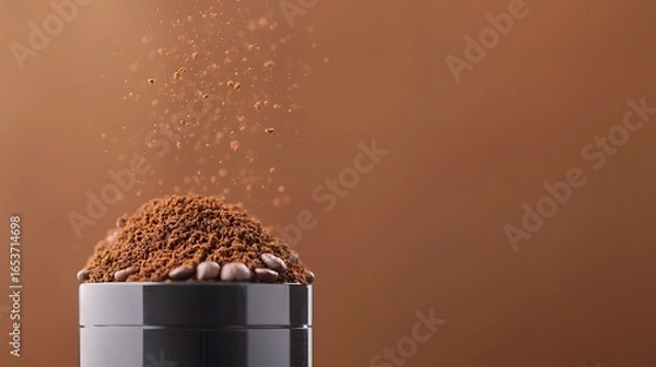 Fototapeta Freshly ground coffee beans pouring into a grinder