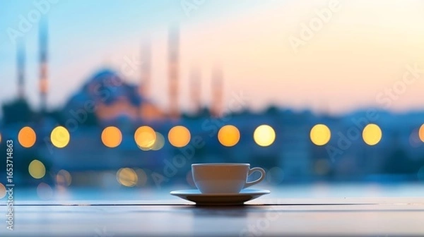 Fototapeta Coffee cup on a windowsill with a blurred city skyline at sunset