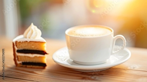 Obraz Delicious slice of cake and a steaming cup of coffee on a wooden table
