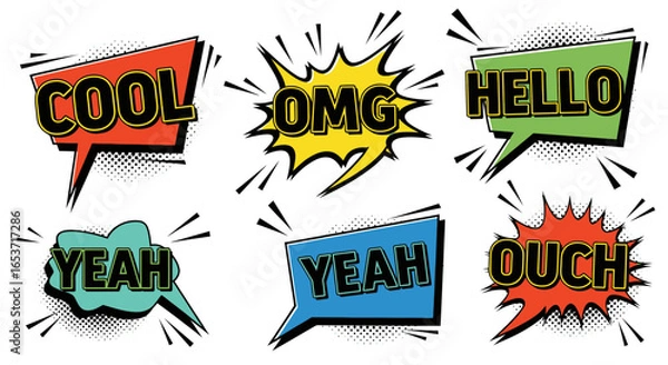Obraz Dynamically expressive comic speech bubbles, featuring vibrant colors and bold text, embodying energetic conversational elements for a visually engaging and animated design aesthetic