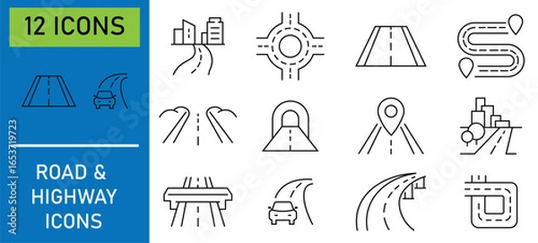 Obraz City road and highway vector icons. Road overpass crossroad roundabout flat line circle icon collection. Highway top view. Circle and curve roadway parts. Vector illustration