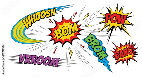 Obraz Dynamic Onomatopoeia Collection: An Explosive Set of Comic Book Sound Effects Embodying Action and Impactful Movement with Vibrant Colors and Energetic Design for Creative Graphic Projects