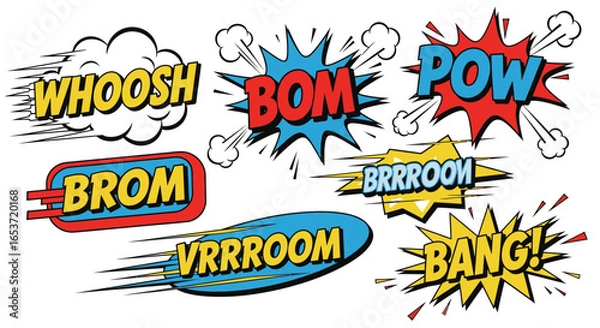 Obraz A Dynamic Collection of Retro Comic Book Style Sound Effects and Explosions Illustrations Representing Classic Action and Impact, Perfect for Graphic Design and Creative Projects