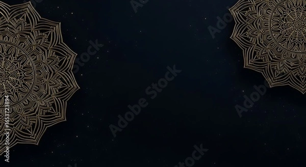 Fototapeta Gold mandala pattern on a dark blue background with glitter
