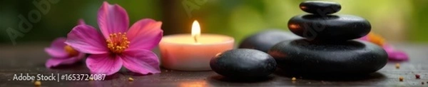 Obraz Close-up of aromatic flowers and heated massage stones, soft candlelight glow , aroma, background, relax