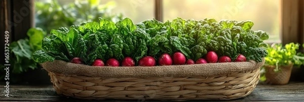 Obraz Freshly grown greens and radishes in a rustic basket by a window