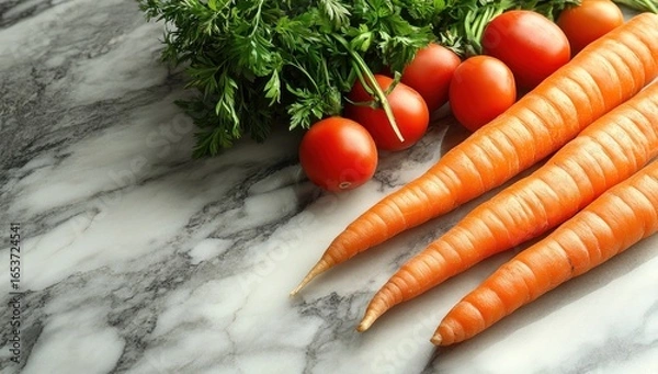 Obraz Fresh carrots and cherry tomatoes on a marble countertop