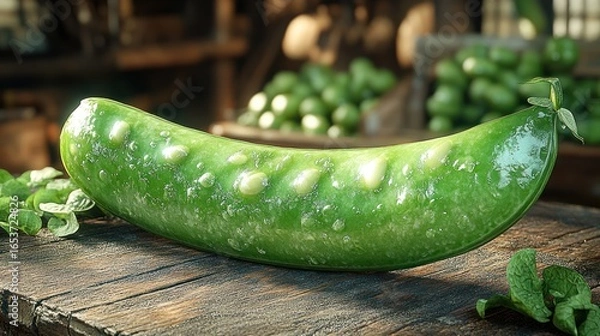 Obraz Close-up of a single green pea pod with dew drops, on a rustic wooden surface
