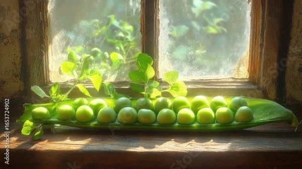 Obraz Fresh green peas on a pod, nestled on a windowsill bathed in sunlight