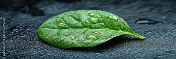 Obraz A single, fresh spinach leaf with water droplets on a dark stone surface