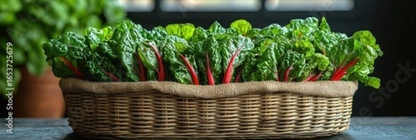 Obraz Freshly harvested Swiss chard in a rustic basket