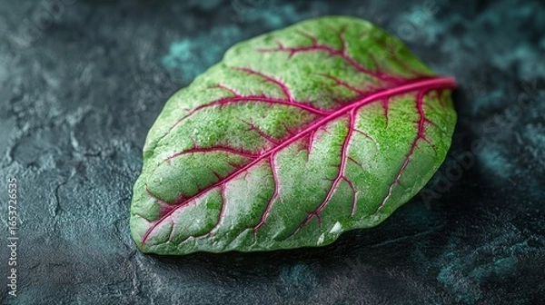 Obraz Close-up of a vibrant, fresh, single Swiss chard leaf on a dark textured surface