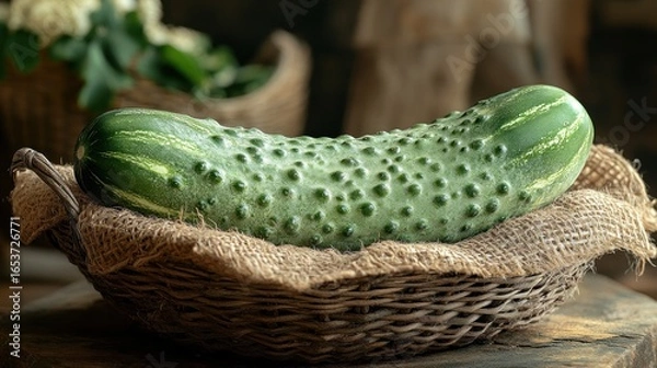 Obraz A large, bumpy cucumber rests in a rustic basket