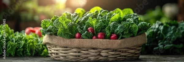 Obraz Fresh greens and radishes in a rustic basket