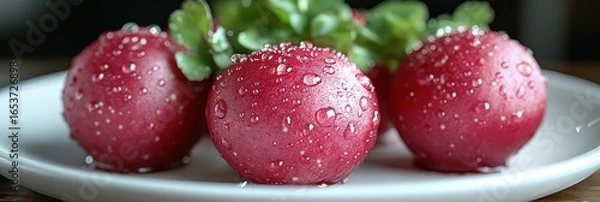 Obraz Close-up of red radishes with water droplets on a white plate