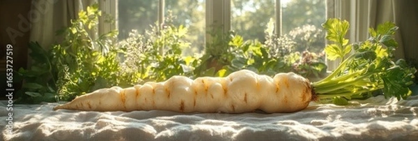 Obraz A large, pale-yellow root vegetable, likely a giant parsnip or similar root, rests on a light-colored cloth, surrounded by greenery and bathed in sunlight streaming through a window