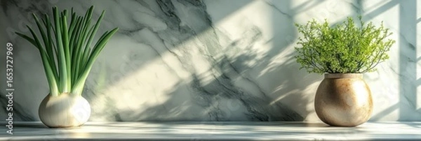 Obraz A white onion plant and a potted herb sit on a marble countertop, lit by sunlight