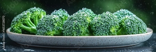 Obraz Fresh broccoli florets, glistening with water droplets, arranged on a light gray plate