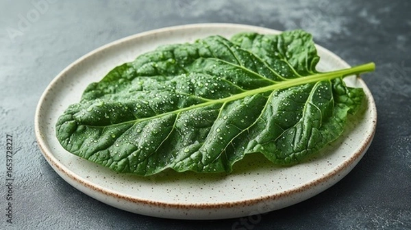 Obraz Fresh, vibrant green leaf on a light-colored plate, droplets on surface