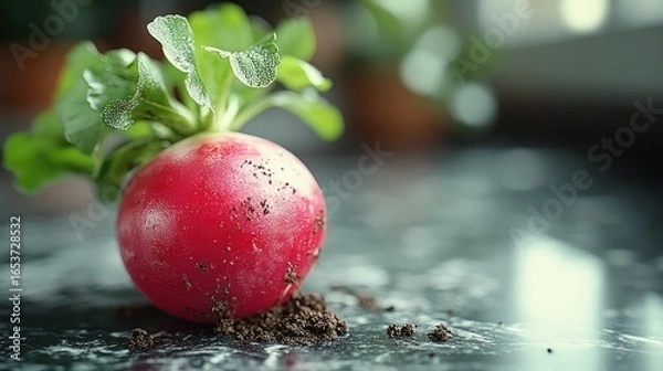 Obraz Close-up of a vibrant red radish with green leaves, resting on a dark marble countertop with scattered soil