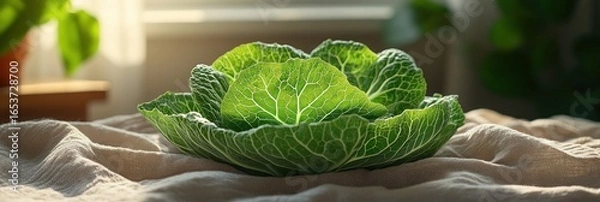 Obraz Fresh green cabbage on a beige linen cloth, bathed in sunlight