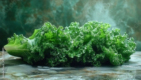 Obraz Fresh kale leaves, wet and steaming, rest on a stone surface