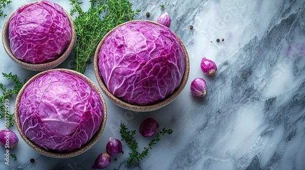 Obraz Three vibrant purple cabbages in shallow bowls, garnished with fresh thyme and small red onions, on a light gray marble surface
