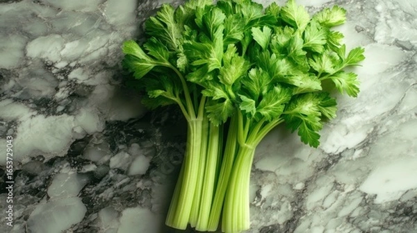 Obraz Fresh celery stalks with vibrant green leaves on a gray marble surface