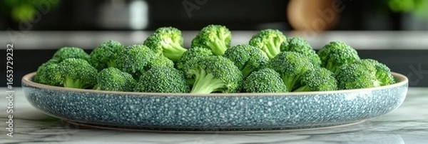 Obraz Fresh broccoli florets in a teal-colored dish on a marble surface