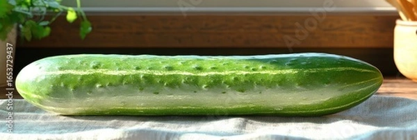 Obraz A single, fresh cucumber rests on a light-colored cloth