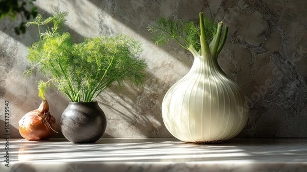 Obraz Fresh dill and fennel bulbs on a marble countertop, sunlit