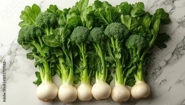 Obraz Fresh broccoli and turnips arranged on a white marble surface