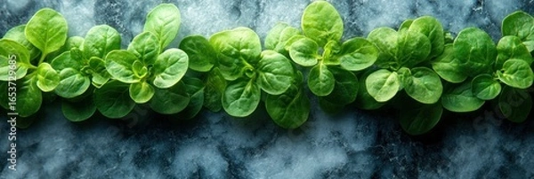 Obraz Fresh green leaves arranged in a horizontal line on a textured surface