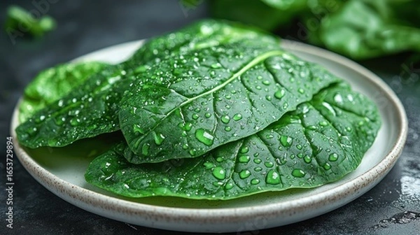Obraz Fresh spinach leaves, wet with water droplets, on a small, light-gray plate, set against a dark background