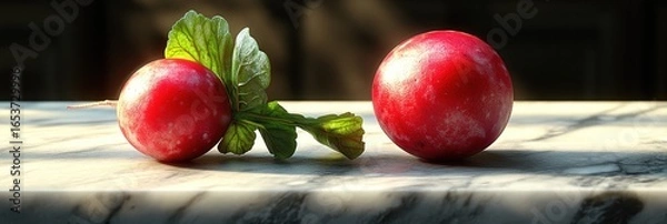 Obraz Two vibrant red plums sit on a light marble surface, illuminated by sunlight
