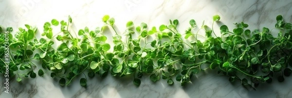 Obraz Fresh green microgreens arranged on a light marble surface