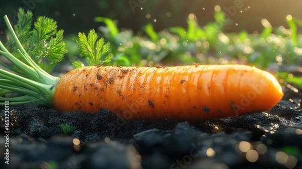 Obraz Fresh orange carrot resting on rich soil, surrounded by green leaves. Sunlight highlights the vegetable