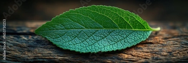 Obraz Close-up of a vibrant green leaf resting on a textured dark brown wooden surface