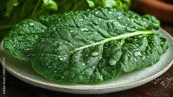 Obraz Close-up of fresh, vibrant green leaves, glistening with water droplets, on a light gray plate