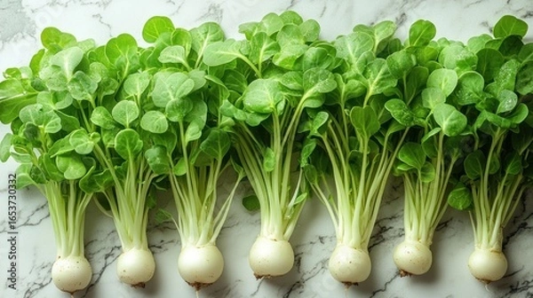 Obraz Fresh, vibrant bunches of young radishes with lush green leaves arranged neatly on a white marble surface